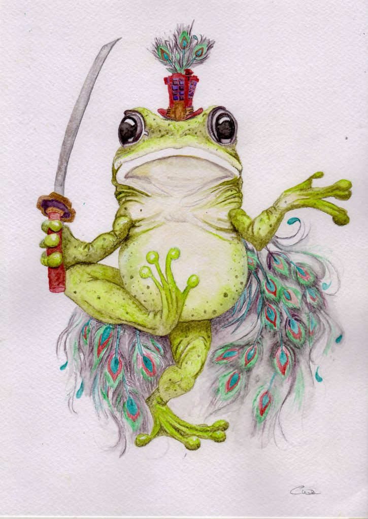 Illustration of a marching frog wearing a hat and peacock feathers and a carrying a sword