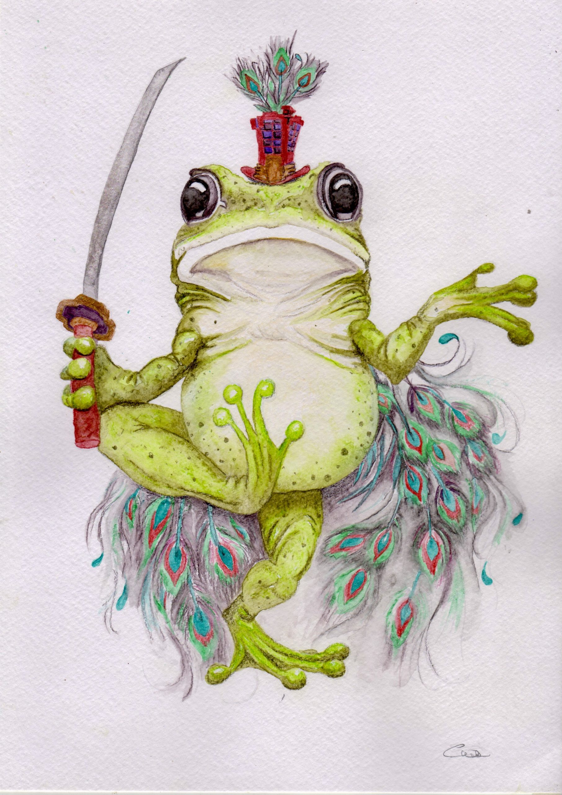 Illustration of a marching frog wearing a hat and peacock feathers and a carrying a sword